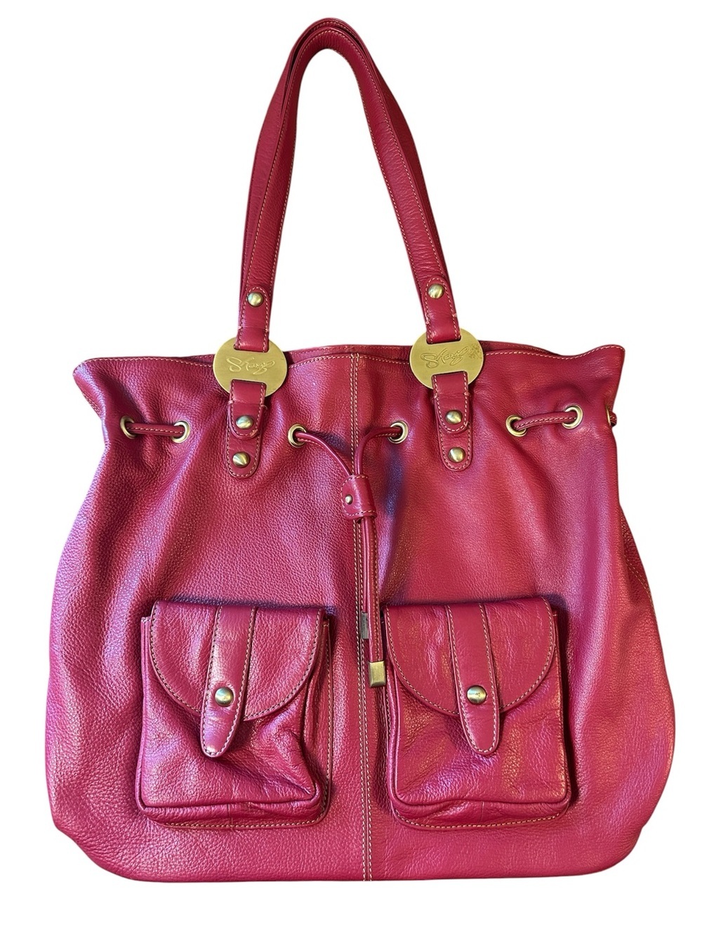 Sharif Americana Red Genuine Pebble Leather Large Hobo Shoulder Bag